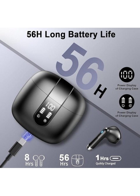 Bluetooth 5.3 Earbuds, 4-Mic ENC, 56H Playtime, Black