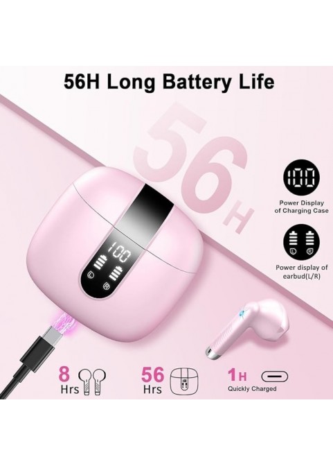 Bluetooth 5.3 Earbuds, 4-Mic ENC, 56H Playtime, Pink