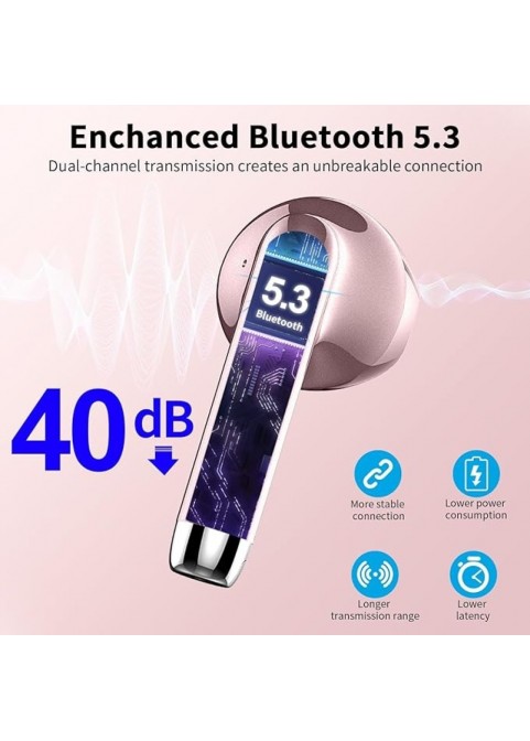 Bluetooth 5.3 Earbuds, 4-Mic ENC, 56H Playtime, Rose Gold